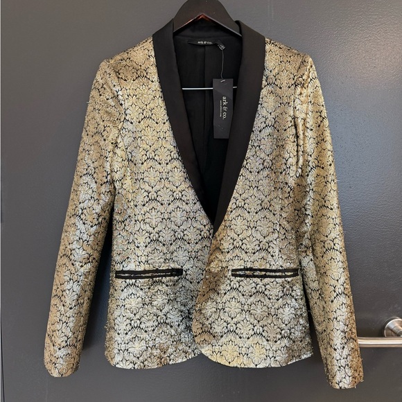 Ark & Co NWT L Gold and Black Blazer jacquard thicker metallic tuxedo cut blazer - Picture 2 of 12